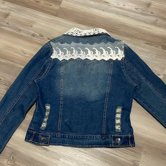 Lace trim Jean jacket Denim Lace collar Distressed Size M Retro Boho Bridal - Picture 10 of 12